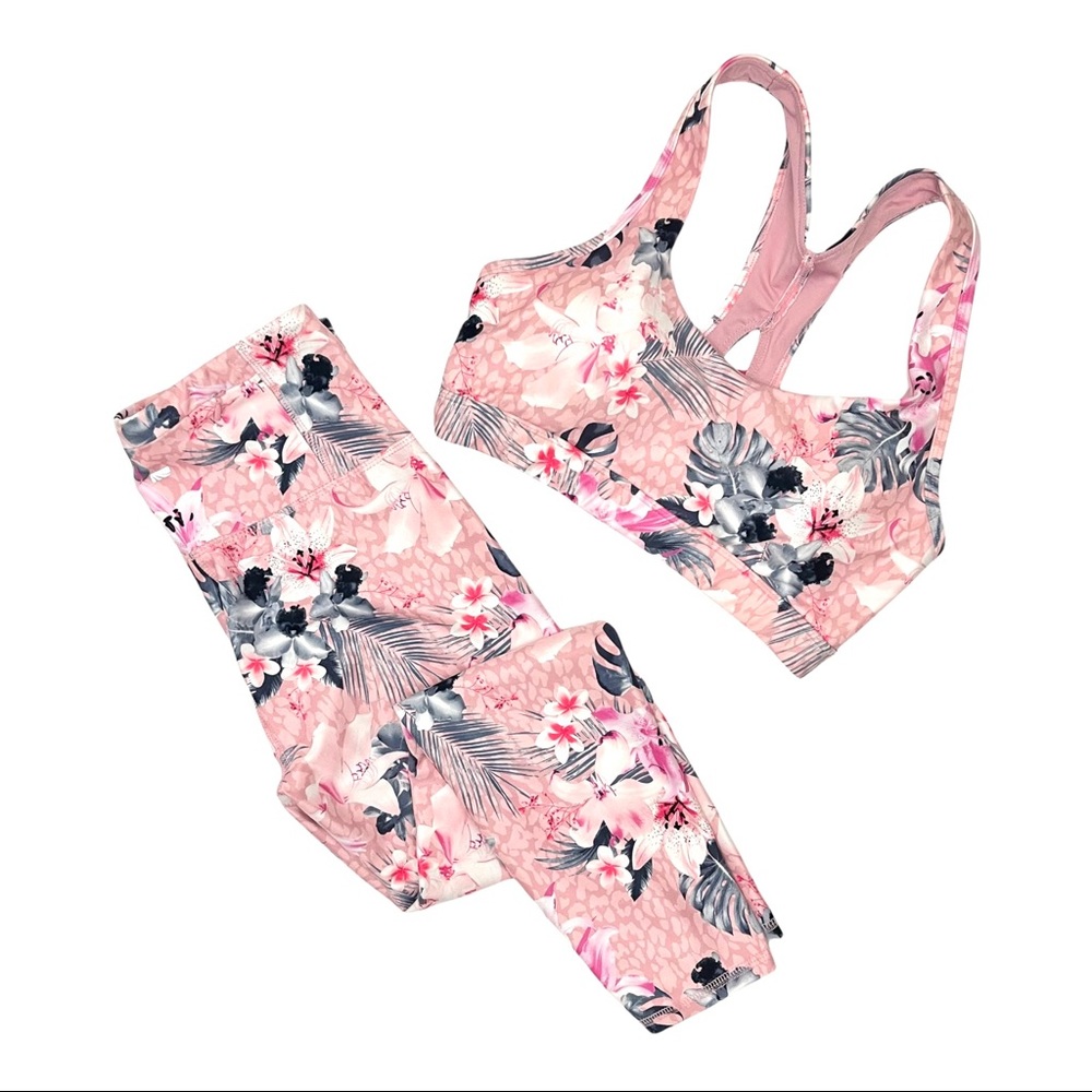 Marika Pink Tropical Floral Print Workout Set Sports Bra and Leggings